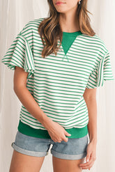 Bright Green Striped Ruffle Sleeve Round Neck Top